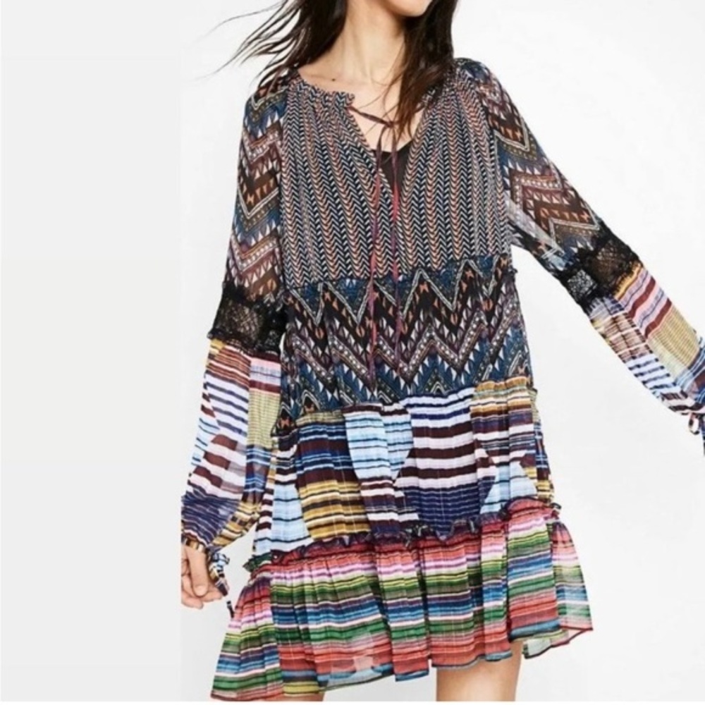 Desigual Lena Woven Long Sleeve Dress Black Blue Ivory  - US 4 / Spain 36
